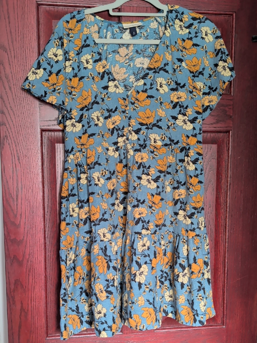 Floral V-Neck Swing Dress in Blue and Mustard
